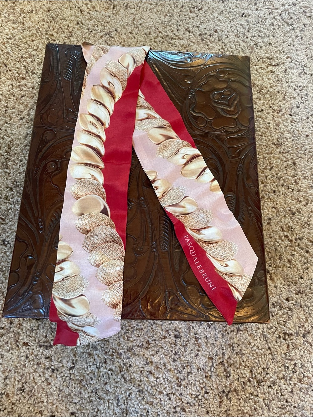 Pasquale Bruni Pink and Red 100% Silk Twilly with Gold Chain Motif